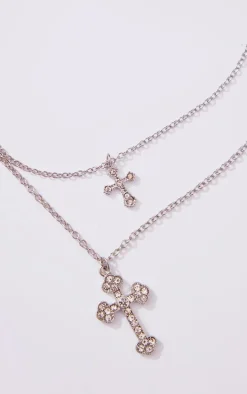 Silver Layered Chain Jeweled Cross Necklace