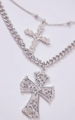Silver Layered Cross Chunky Chain Necklace