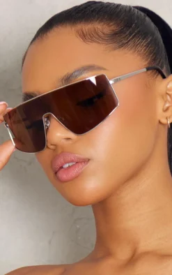 Silver Lens Oversized Brown Lens Visor Sunglasses