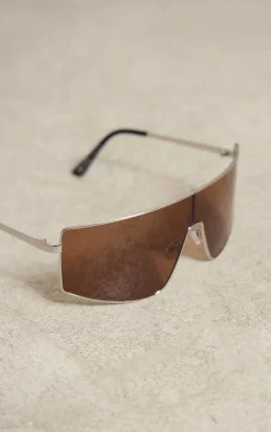 Silver Lens Oversized Brown Lens Visor Sunglasses