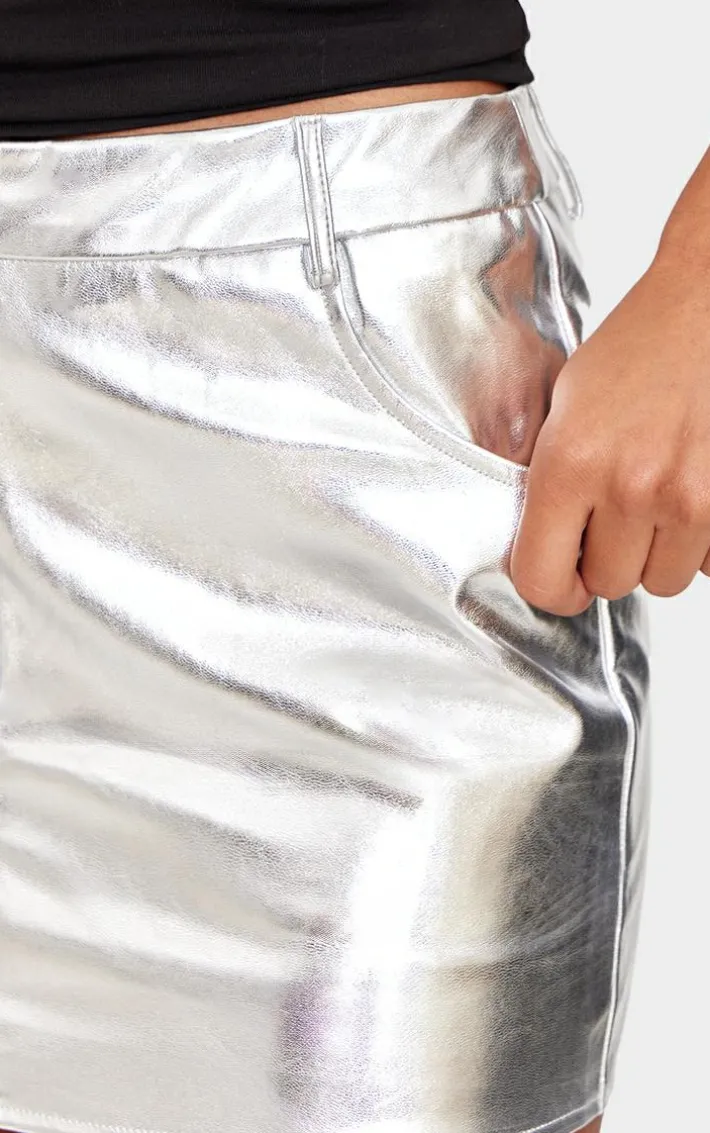Silver Matte Metallic Faux Leather Mini Skirt