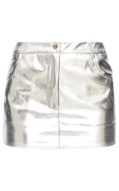 Silver Matte Metallic Faux Leather Mini Skirt