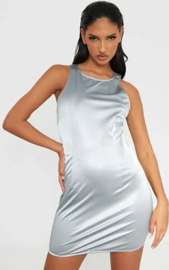 Silver Matte Vinyl Racer Neck Bodycon Dress