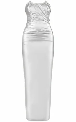 Silver Metallic Acetate Pointed Hem Maxi Dress