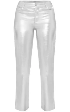 Silver Metallic Coated Denim Straight Leg Jeans