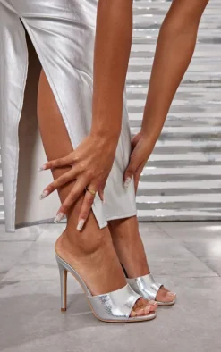 Silver Metallic Croc Pu Round Toe High Heeled Mules