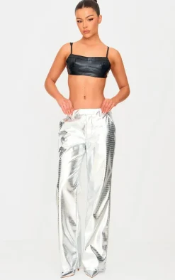 Silver Metallic Crocodile Faux Leather Pants