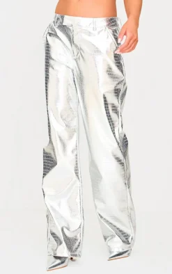 Silver Metallic Crocodile Faux Leather Pants