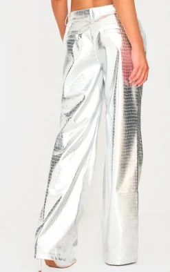 Silver Metallic Crocodile Faux Leather Pants