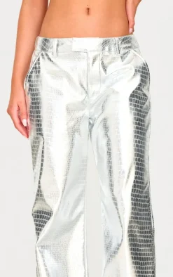 Silver Metallic Crocodile Faux Leather Pants