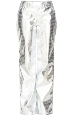 Silver Metallic Crocodile Faux Leather Pants