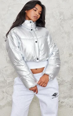 Silver Metallic Cropped Puffer Jacket
