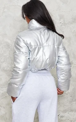 Silver Metallic Cropped Puffer Jacket