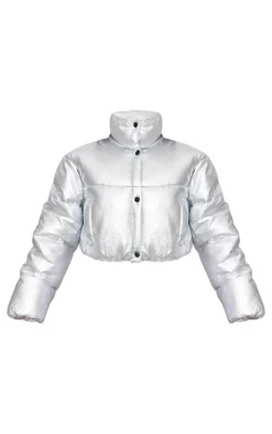 Silver Metallic Cropped Puffer Jacket