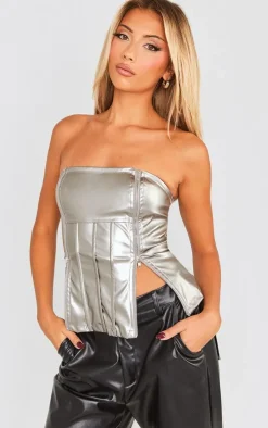Silver Metallic Faux Leather Bandeau Zip Detail Corset Top