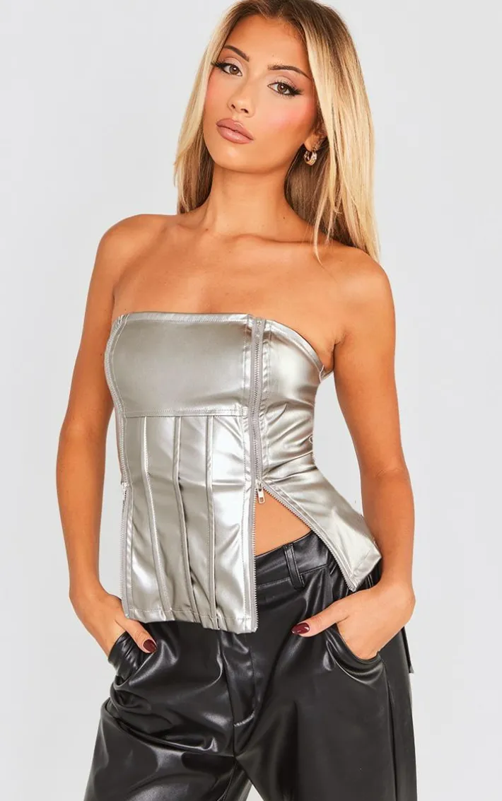 Silver Metallic Faux Leather Bandeau Zip Detail Corset Top