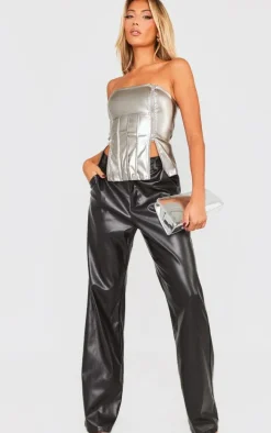 Silver Metallic Faux Leather Bandeau Zip Detail Corset Top