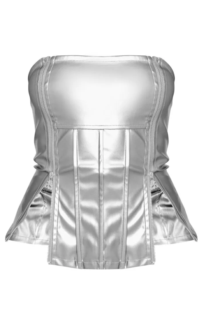 Silver Metallic Faux Leather Bandeau Zip Detail Corset Top