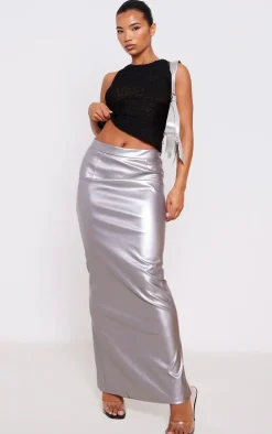 Silver Metallic Faux Leather Maxi Skirt