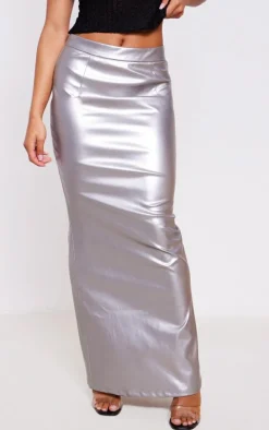 Silver Metallic Faux Leather Maxi Skirt