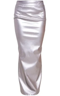 Silver Metallic Faux Leather Maxi Skirt
