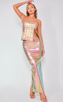 Silver Metallic Faux Leather Basic Maxi Skirt