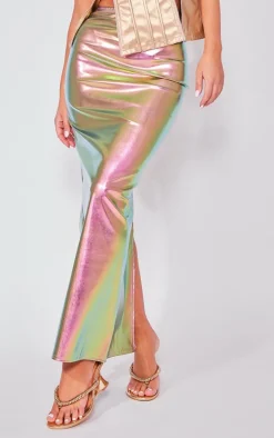 Silver Metallic Faux Leather Basic Maxi Skirt