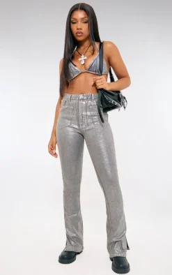 Silver Metallic Foil Effect Tie Up Denim Triangle Top