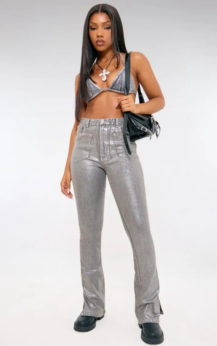 Silver Metallic Foil Effect Tie Up Denim Triangle Top