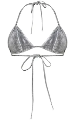 Silver Metallic Foil Effect Tie Up Denim Triangle Top