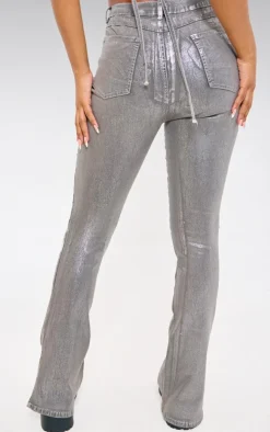 Silver Metallic Foil Effect Flared Jeans