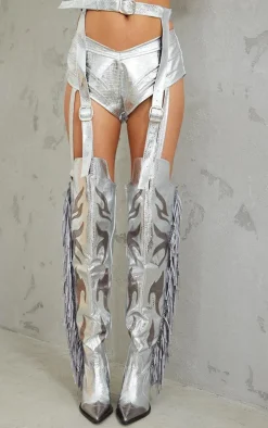 Silver Metallic Fringe Thigh High Buckle Belt Strap Western Boots