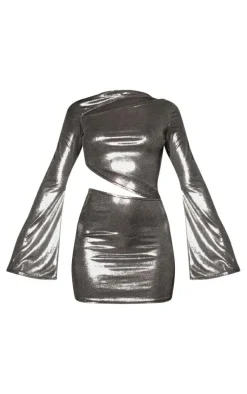 Silver Metallic Jersey Cut Out Long Sleeve Bodycon Dress