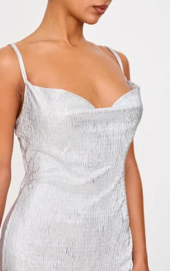 Silver Metallic Plisse Cowl Neck Strappy Bodycon Dress
