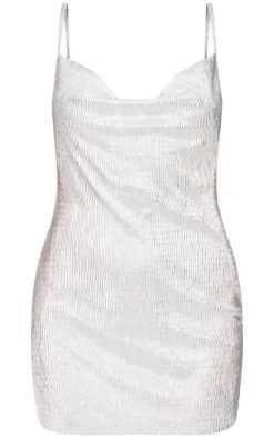 Silver Metallic Plisse Cowl Neck Strappy Bodycon Dress