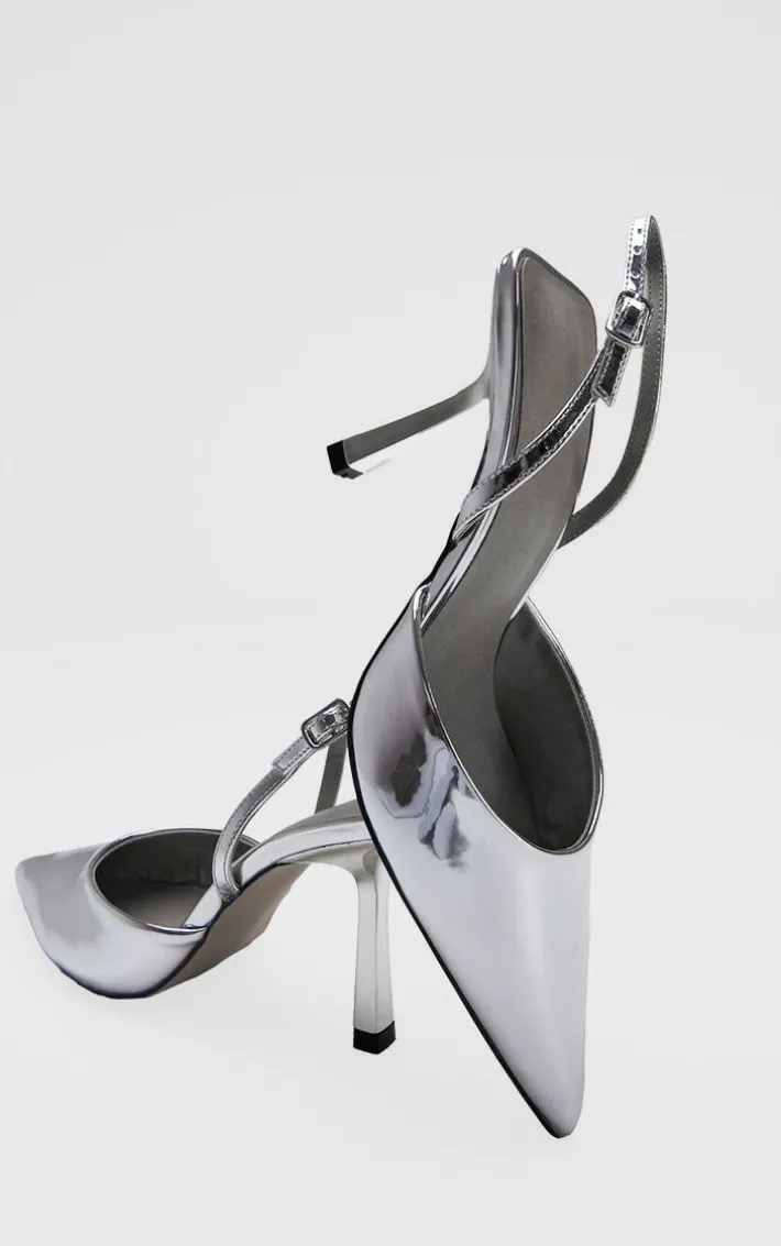 Silver Metallic Point Toe Pu Buckle Strap Mid Heeled Courts