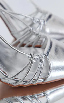 Silver Metallic Pointed Stiletto Toe Knot Detail High Heeled Court Sandals