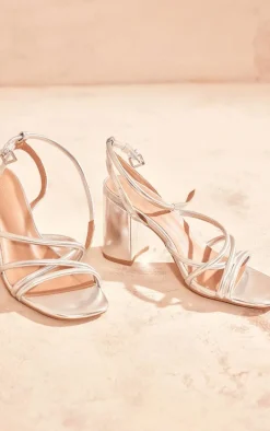 Silver Metallic PU Round Toe Multi Strap Block Heeled Sandals