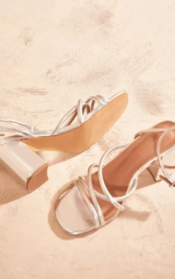Silver Metallic PU Round Toe Multi Strap Block Heeled Sandals
