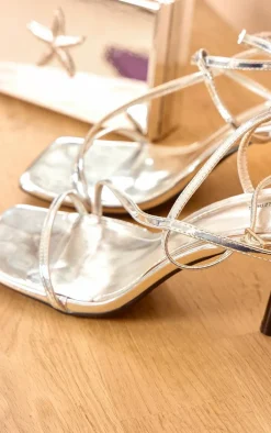 Silver Metallic PU Square Toe Asymmetric Strap Barely There Heeled Sandals