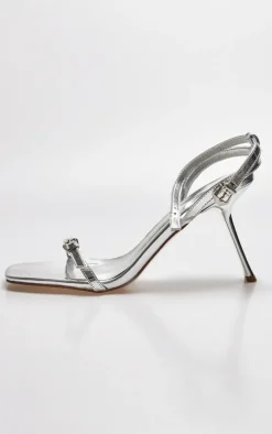 Silver Metallic PU Square Toe Barely There Buckle Heel Sandals