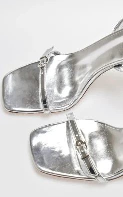 Silver Metallic PU Square Toe Barely There Buckle Heel Sandals