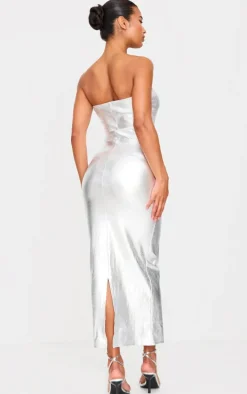 Silver Metallic Rib Bandeau Maxi Dress