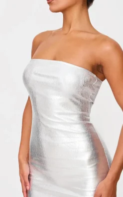 Silver Metallic Rib Bandeau Maxi Dress