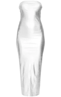 Silver Metallic Rib Bandeau Maxi Dress