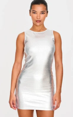 Silver Metallic Rib Crew Neck Mini Dress