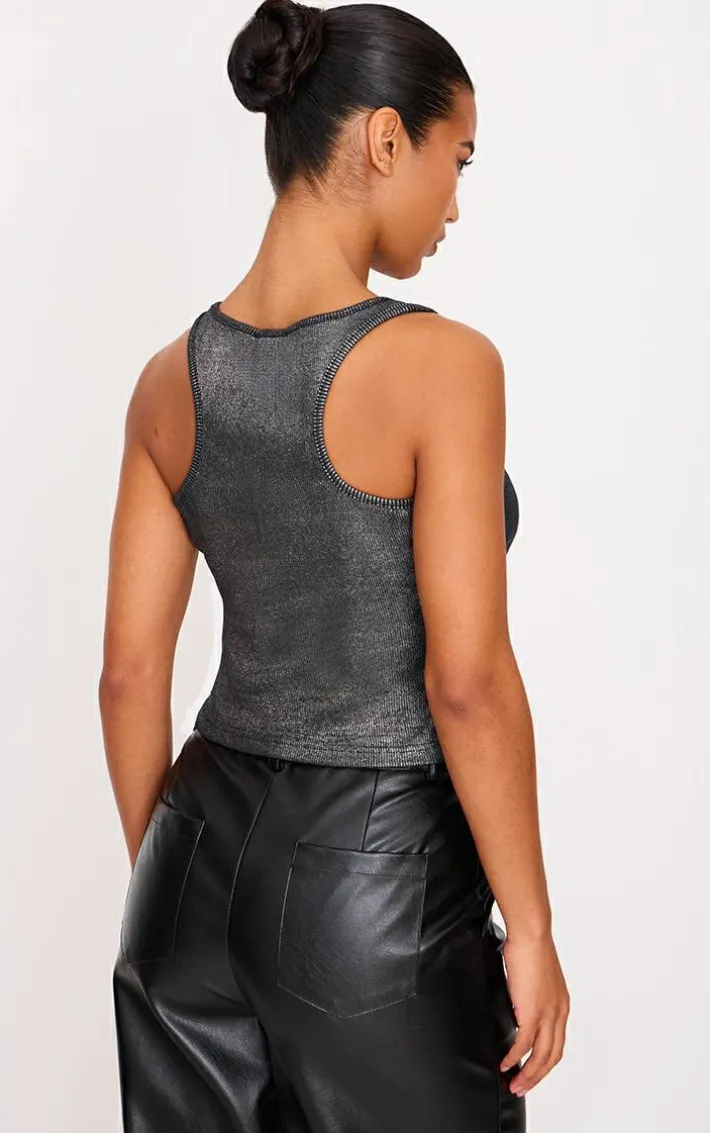 Silver Metallic Ribbed Scoop Neck Long Vest Top