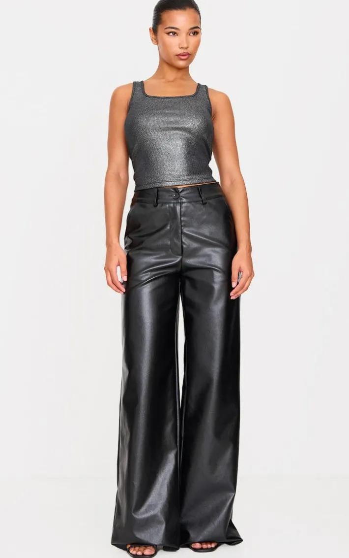 Silver Metallic Ribbed Scoop Neck Long Vest Top