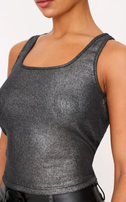 Silver Metallic Ribbed Scoop Neck Long Vest Top