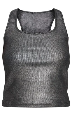 Silver Metallic Ribbed Scoop Neck Long Vest Top